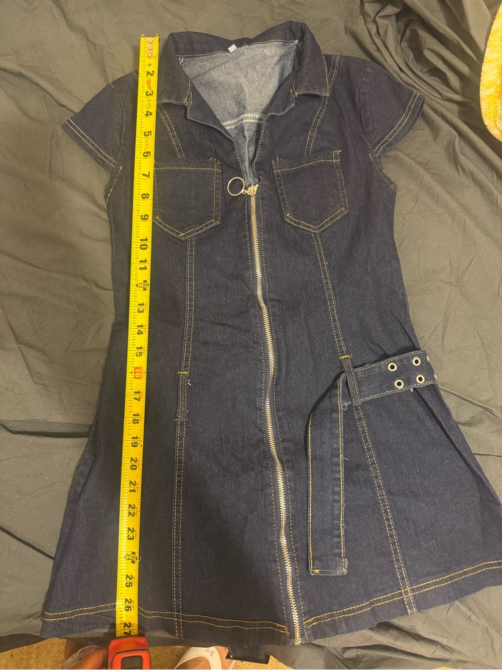 Women's Dark Blue Denim Zip-Front Belted Dress - Picture 11 of 11